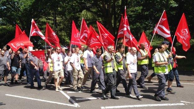 Public sector workers on strike marching through Donnington, Telford, 10 July 2014