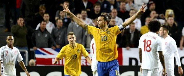 Zlatan Ibrahimovic celebrates scoring against England in November 2012
