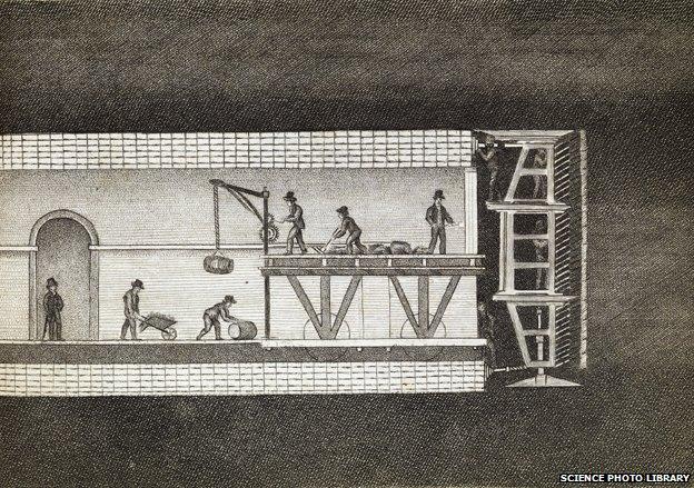 Illustration showing cross-section of Thames tunnel construction