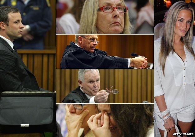 L: Oscar Pistorius in court in Pretoria, South Africa C: June Steenkamp in court in Pretoria (top), prosecutor Gerrie Nel in court in Pretoria (2nd from top), defence lawyer Barry Roux (2nd from bottom) in court in Pretoria, Aimee Pistorius crying in court (bottom) R: Reeva Steenkamp pictured in January 2013