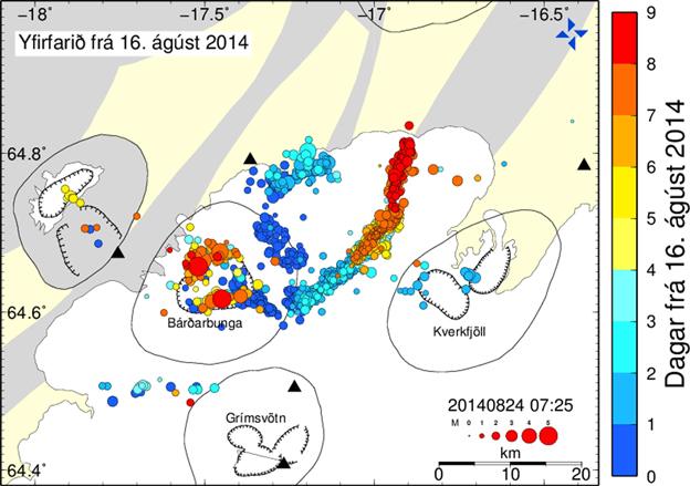 Map taken from the website of the Icelandic Met Office (IMO) on 24 August 2014 of a manually processed map showing recent earthquakes around the Bardarbunga volcano since the onset of this seismic event on 16 August 2014