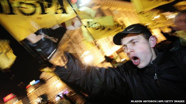 Ukraine's Pora (It is Time) youth group demonstrators in central Kiev in Ukraine on 21 November 2004