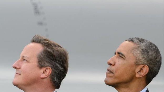 David Cameron and President Obama watch the fly past in Newport