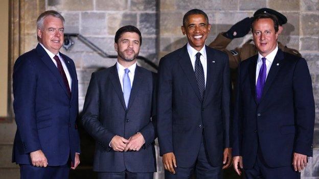 Carwyn Jones, Stephen Crabb, Barack Obama and David Cameron at Cardiff Castle