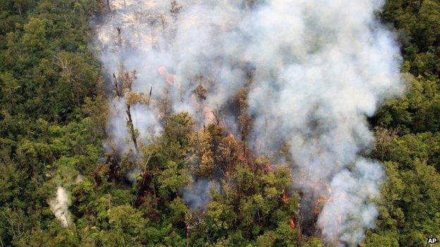 In this Sept. 3, 2014 photo released by the U.S. Geological Survey, fluid lava streams from the June 27 lava flow from the Kilauea volcano in Pahoa, Hawaii