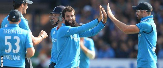 Moeen Ali took two wickets with his off spin, dismissing Shikhar Dhawan and Suresh Raina