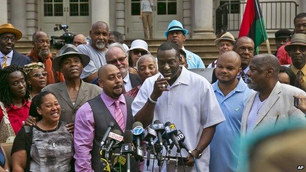 Three of five men exonerated in Central Park jogger rape case at news conference at City Hall, New York. 27 June 2014