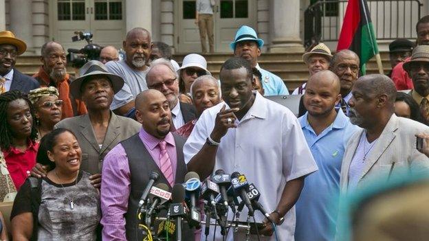 Three of five men exonerated in Central Park jogger rape case at news conference at City Hall, New York. 27 June 2014