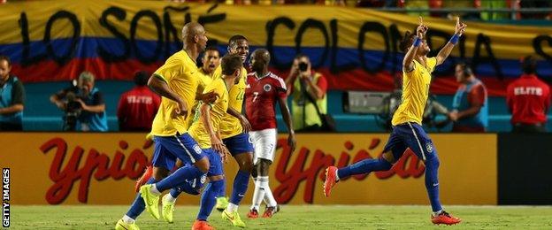 Neymar celebrates his winning goal for Brazil in their 1-0 friendly victory over Colombia.