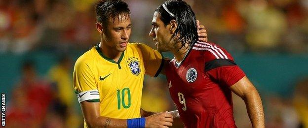 Neymar shakes hands with Colombia striker Radamel Falcao