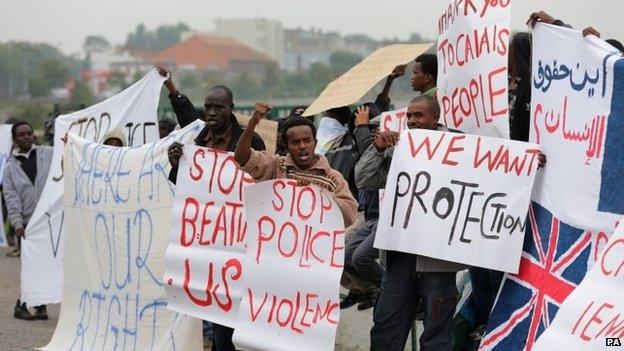 Migrants protesting in Calais