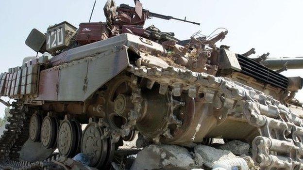 A destroyed armoured vehicle near Mariupol, south-eastern Ukraine. Photo: 6 September 2014