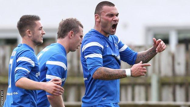 Anthony Elding celebrates scoring against Ballymena