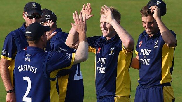 Ben Stokes celebrates Durham's One-Day Cup semi-final win over Notts with his team-mates