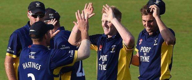 England allrounder Ben Stokes celebrates Durham's One-Day Cup semi-final win over Notts with his team-mates