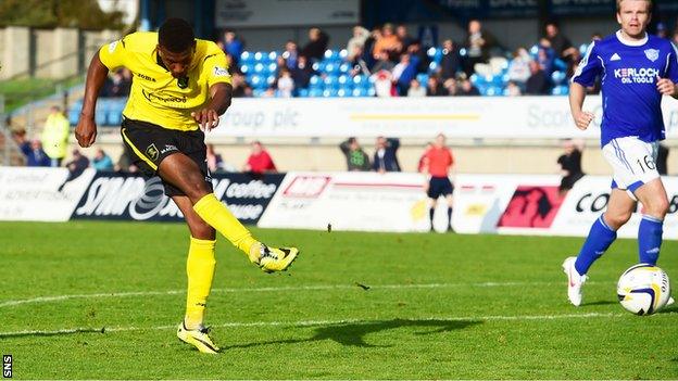 Myles Hippolyte scores for Livingston against Peterhead