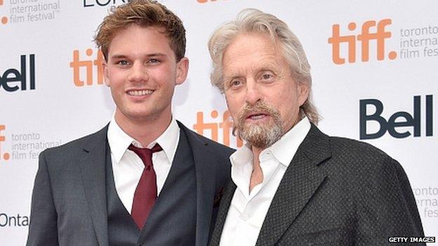 Actors Jeremy Irvine and Michael Douglas attend The Reach premiere during the 2014 Toronto International Film Festival. 6 Sept 2014