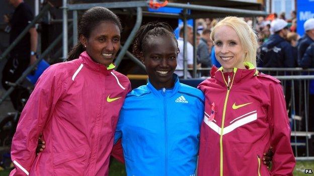 Winner Mary Keitany with Gemma Steel and third placed Tiki Gelana