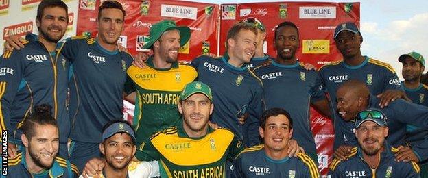 South Africa celebrate winning the tri-series