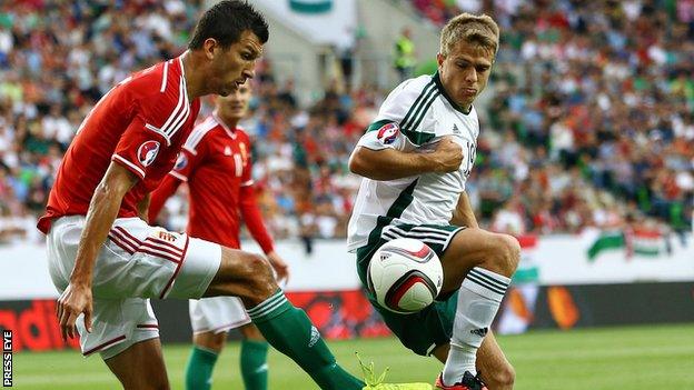 Hungary's Zoltan Liptak competes against Jamie Ward of Northern Ireland