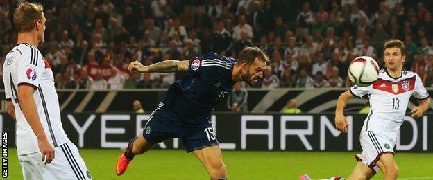 Steven Fletcher has a headed attempt for Scotland against Germany