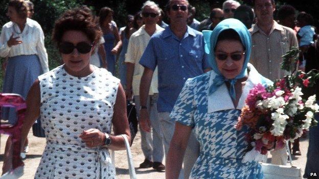 The Queen (right) and Princess Margaret on Mustique in 1977