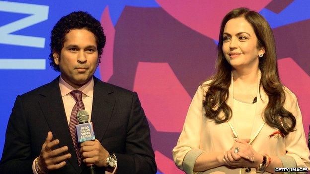 Indian cricketer Sachin Tendulkar and Nita Ambani of Reliance Industries at the launch of the Indian Super League