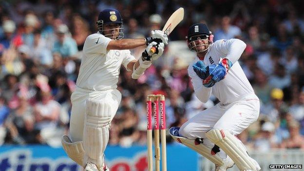 Sachin Tendulkar hits out watched by wicketkeeper Matt Prior during the fourth Test between England and India at The Oval on August 22, 2011