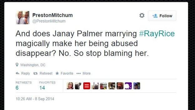 A tweet from PrestonMitchum arguing people should stop blaming Janay Palmer, now Janay Rice, for a violence incident against her