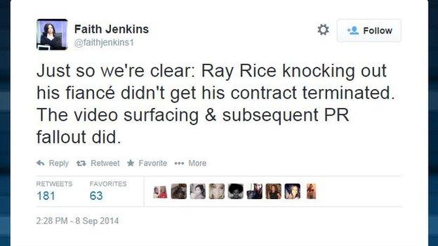 Faith Jenkins tweets about Ray Rice's dismissal from the Baltimore Ravens