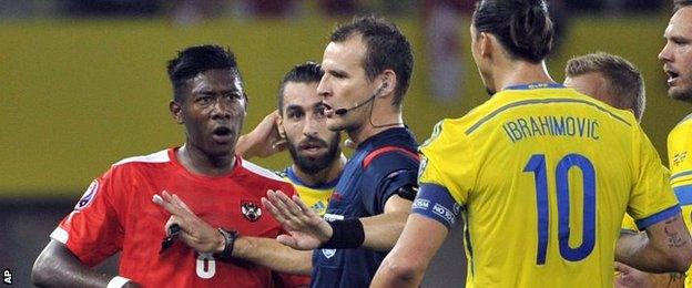 David Alaba and Zlatan Ibrahimovic argue dring the Euro 2016 qualifier