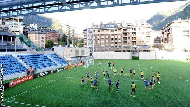 Wales players train at the Andorra National Stadium