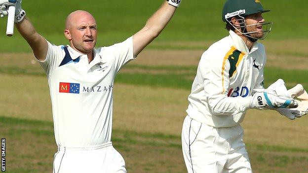 Adam Lyth celebrates his century