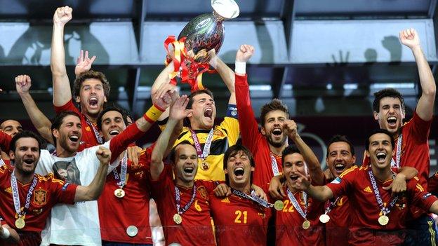 Spain players celebrate winning Euro 2012