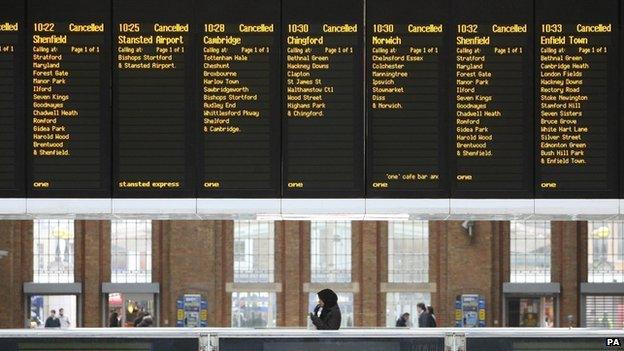 A board at Liverpool Street station showing cancelled trains