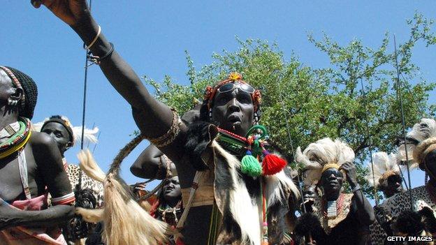 Supporters of independence celebrate in traditional costume in South Sudan, February 2011