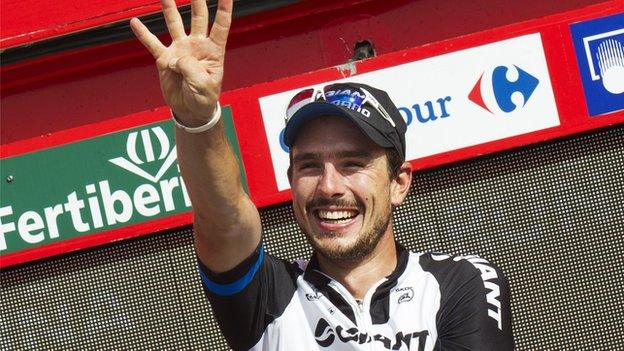 John Degenkolb celebrates winning the 17th stage of the Tour of Spain