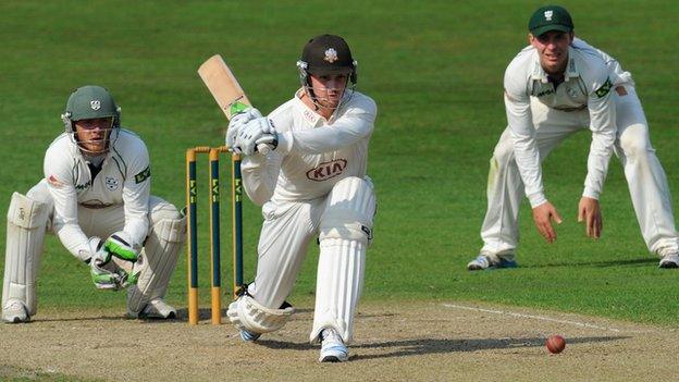 Jason Roy goes on the attack again at New Road, watched by keeper Ben Cox