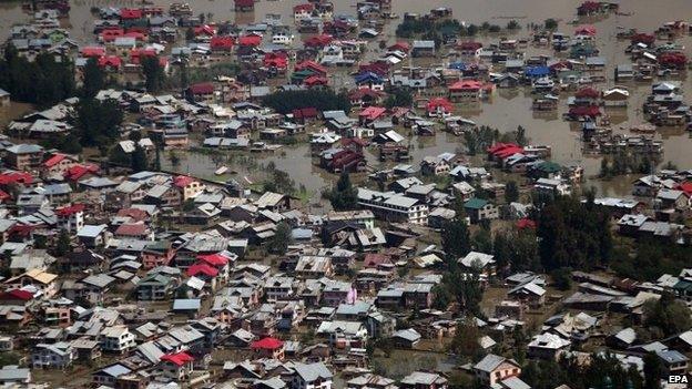 Partially submerged buildings in Srinagar