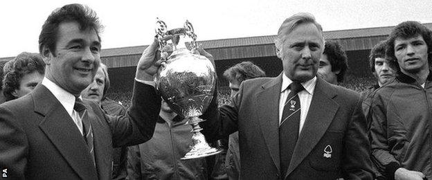 Nigel Clough and Peter Taylor lifting the League Championship at the County Ground