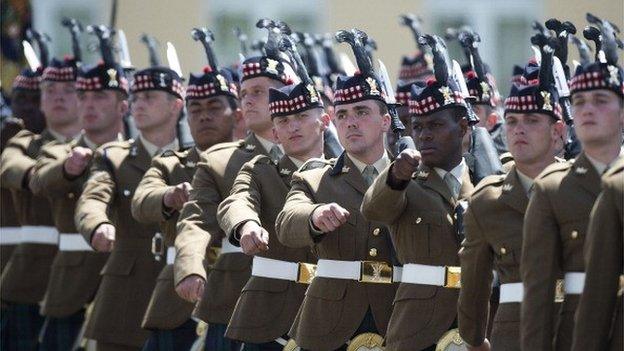 Soldiers of the 4th Battalion, The Royal Regiment of Scotland are pictured during a medals parade