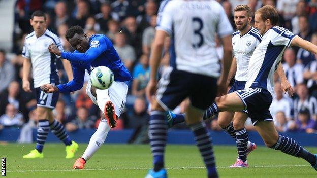 Romelu Lukaku curls in a shot for Everton at West Brom