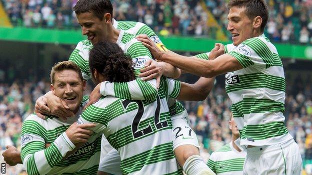 Celtic's Jason Denayer (22) celebrates his opening goal against Aberdeen.