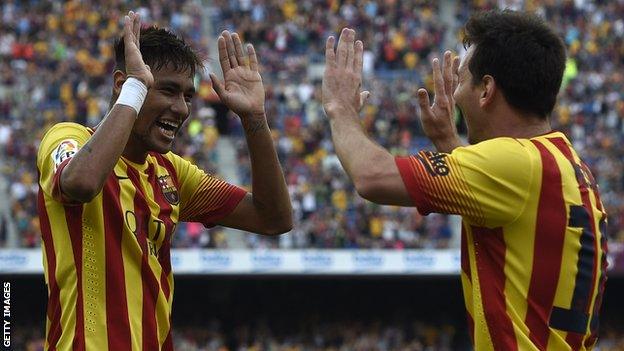 Neymar celebrate with Lionel Messi