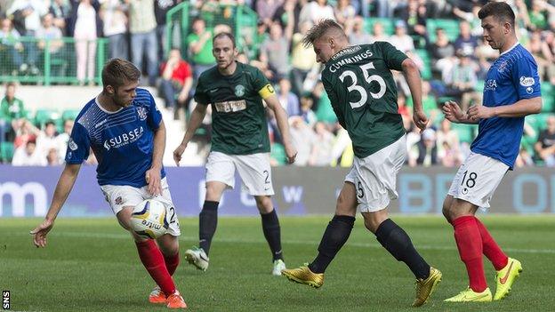 Jason Cummings scores for Hibernian against Cowdenbeath