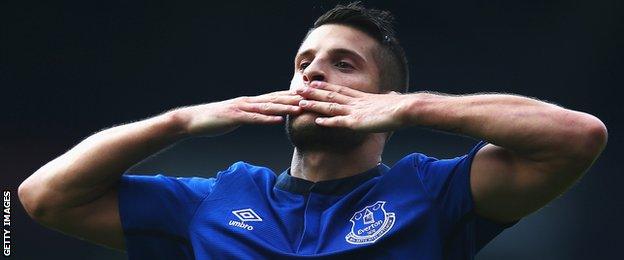 Everton's Kevin Mirallas celebrates his goal against West Brom