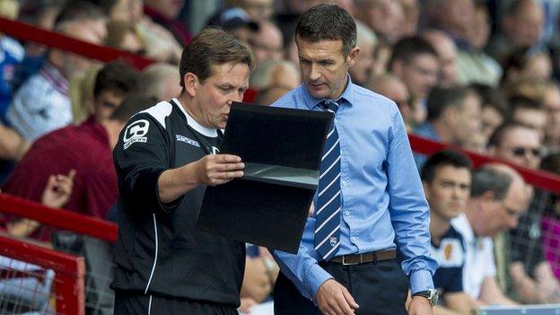 Ross County manager Jim McIntyre talks tactics with assistant Billy Dodds (left).