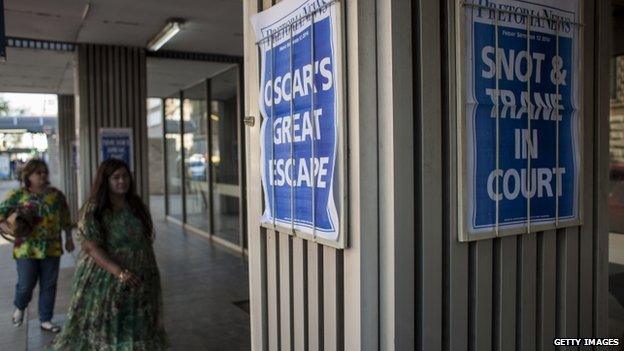 A newspaper headlines Oscar Pistorius as he is given bail at North Gauteng High Court on 12 September 2014 in Pretoria, South Africa.