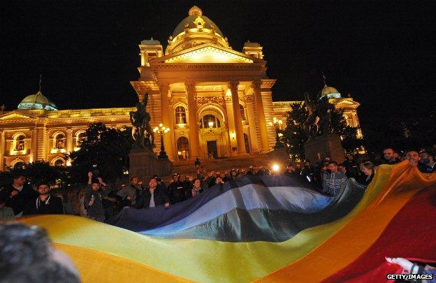 A gay rights demonstration in front of the Serbian Parliament on 27 September 2013 in Belgrade. Serbia