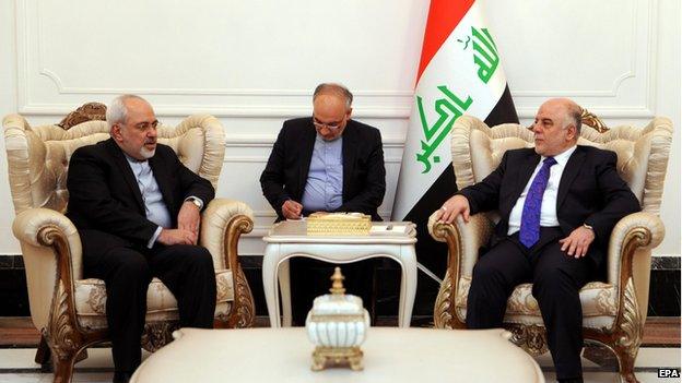 Iraq's new Prime Minister Haider al Abadi meets Iran's FM Javad Zarif in Baghdad 24 August 2014